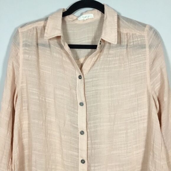 Pinky peach wide weave gauze fabric button down shirt 100% cotton lightweight L - Picture 2 of 11